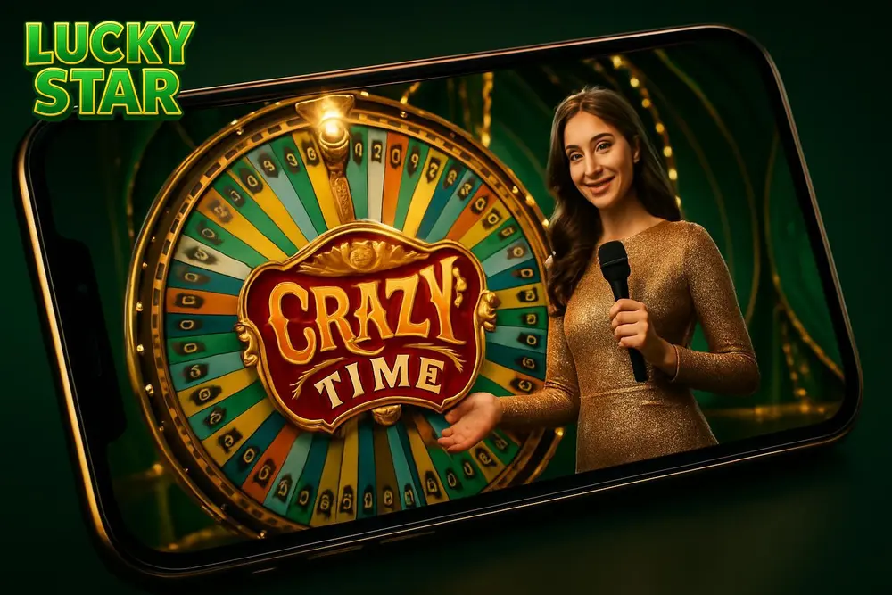Lucky Star Crazy Time โ a smartphone screen showing a lively game show style casino wheel Lucky Star Crazy Time โ a smartphone screen showing a lively game show style casino wheel
