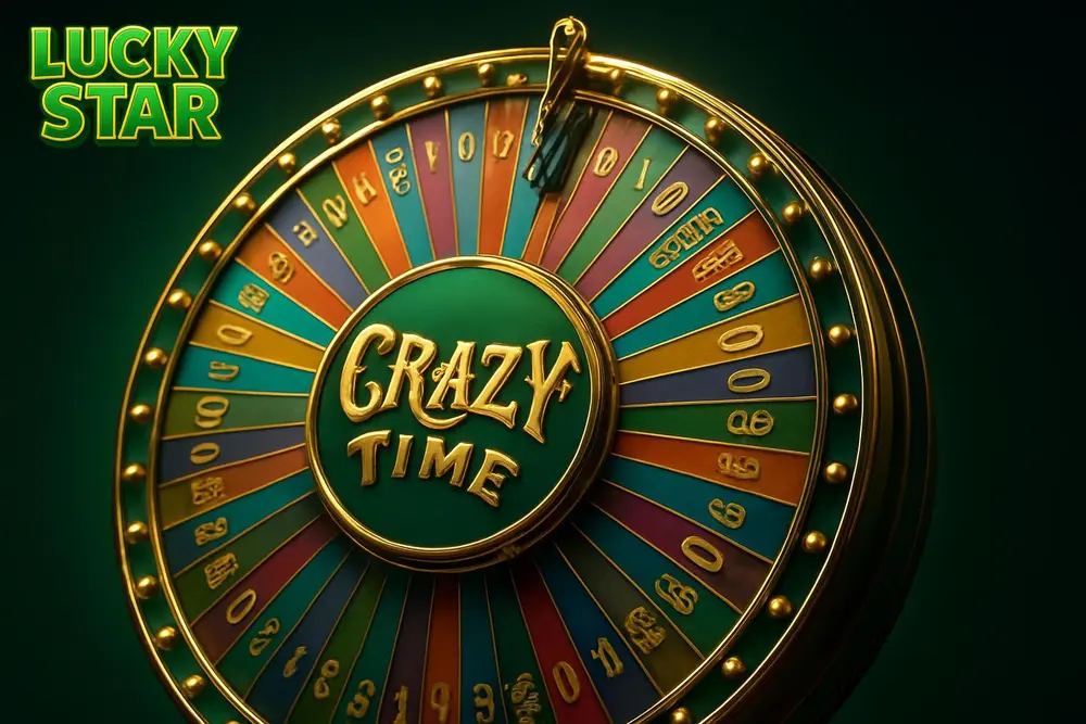 Lucky Star Crazy Time โ a colorful giant spinning game show wheel with bright bonus segments Lucky Star Crazy Time โ a colorful giant spinning game show wheel with bright bonus segments