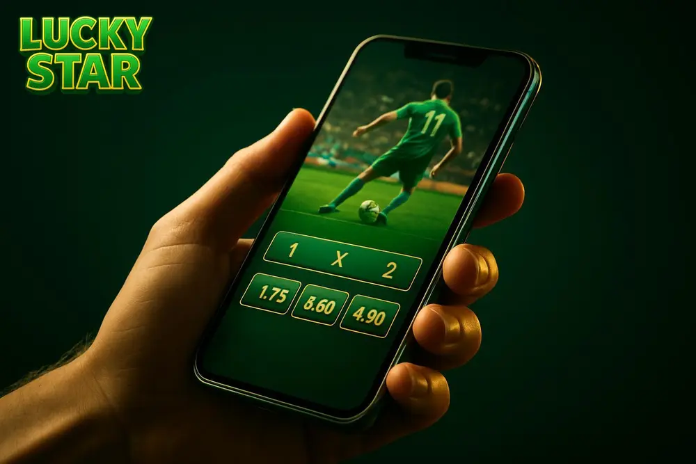 Lucky Star Football Betting โ a hand holding a phone showing a live football match odds screen Lucky Star Football Betting โ a hand holding a phone showing a live football match odds screen