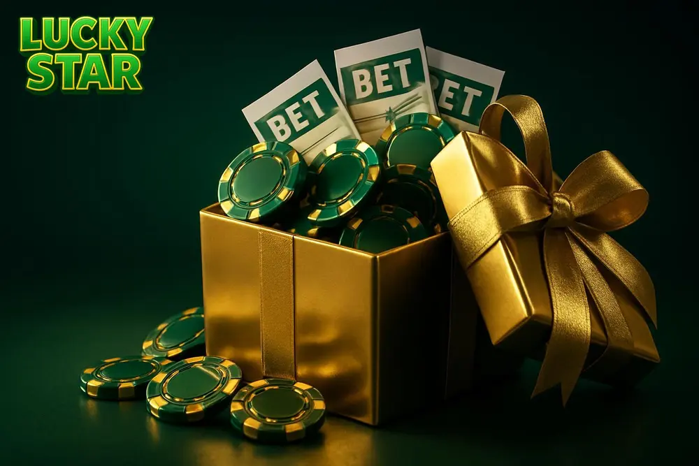 Lucky Star Free Bet โ a golden gift box overflowing with casino chips and betting slips Lucky Star Free Bet โ a golden gift box overflowing with casino chips and betting slips