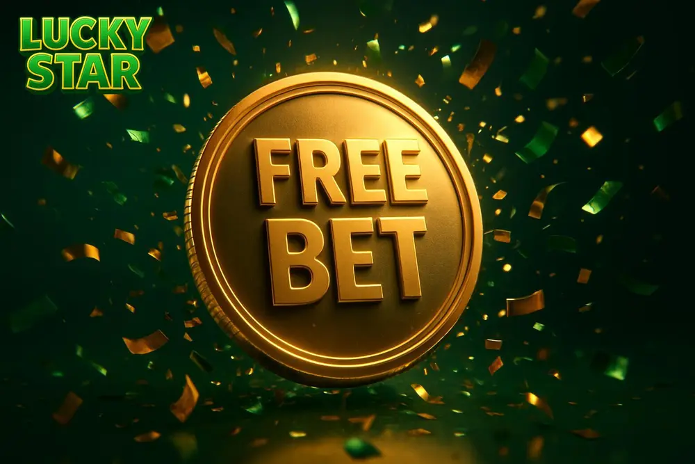 Lucky Star Free Bet โ a giant glowing welcome-bonus coin burst with confetti Lucky Star Free Bet โ a giant glowing welcome-bonus coin burst with confetti